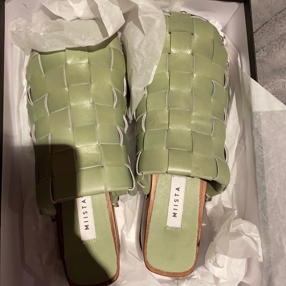 Miista green woven clogs brand new with box.
